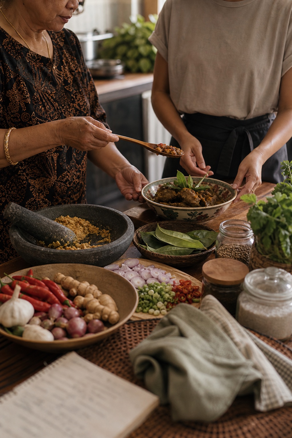 Twee generaties koken samen met kruiden en verse ingredienten